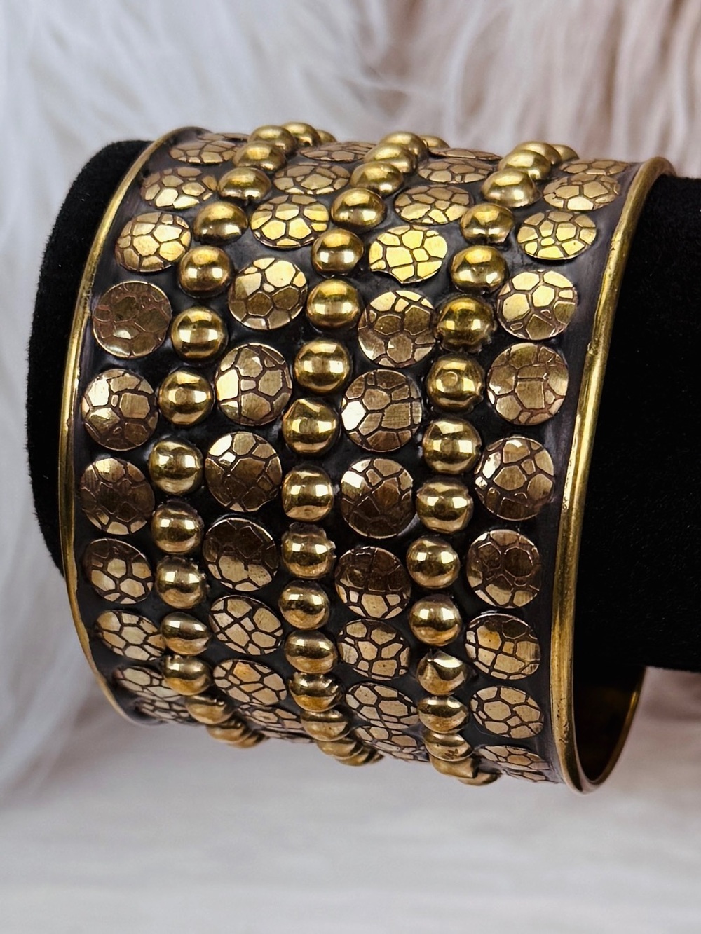 Vintage Wide Gold Tone Studded Textured Band Bangle Statement Bracelet